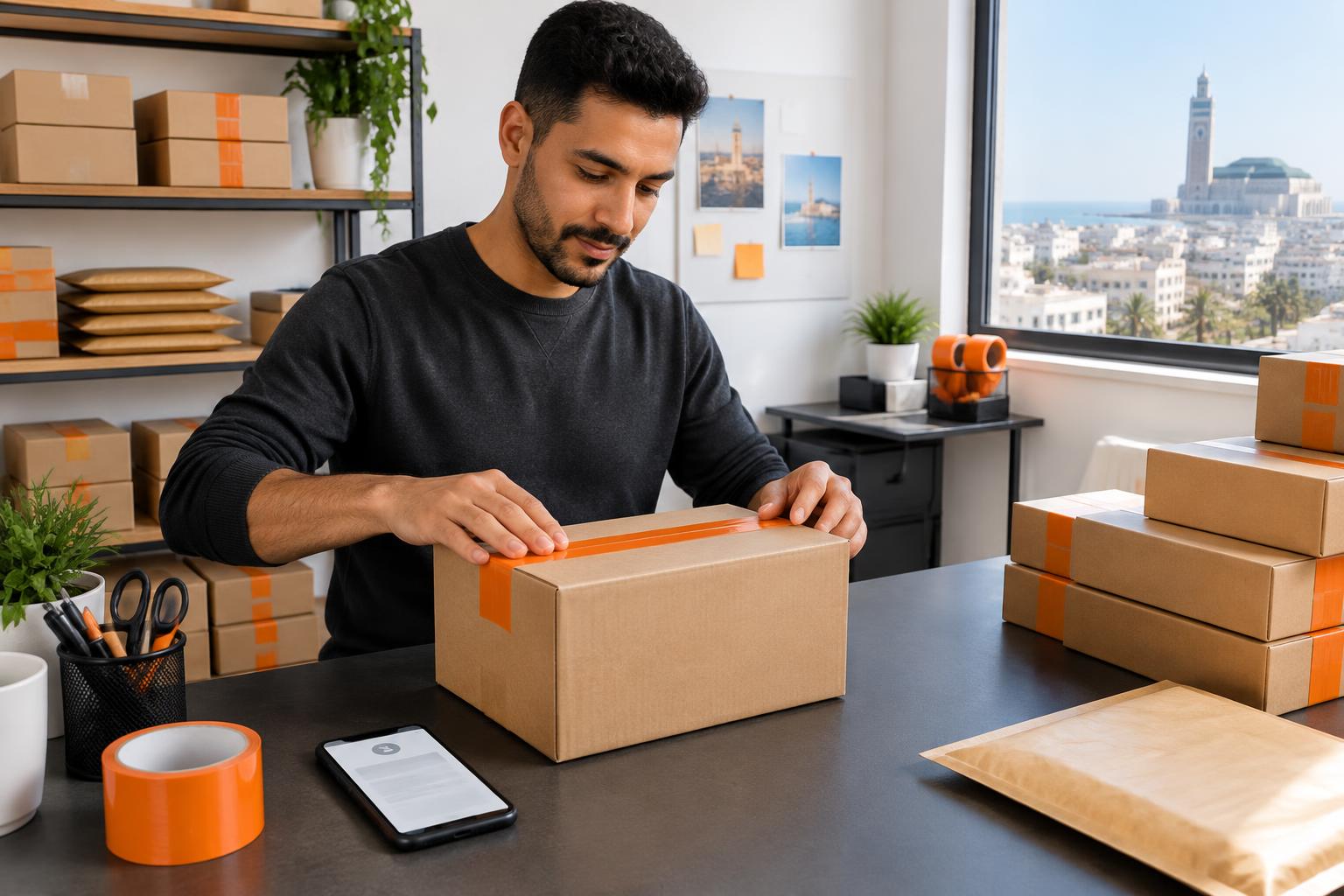 Illustration of preparing a cash-on-delivery parcel in a Moroccan workspace